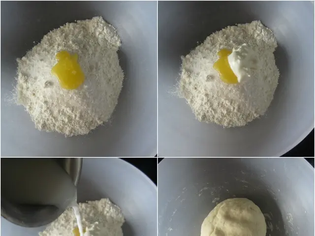 In the image we can see college photos. In it we can see food items like flour, liquid and a dough.