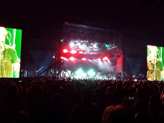 In this image, we can see a concert. There is a crowd at the bottom of the image. There is a screen...