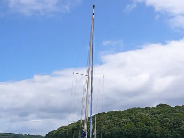 In this image we can see a ship, here is the rope, here is the water, here is the grass, here are...