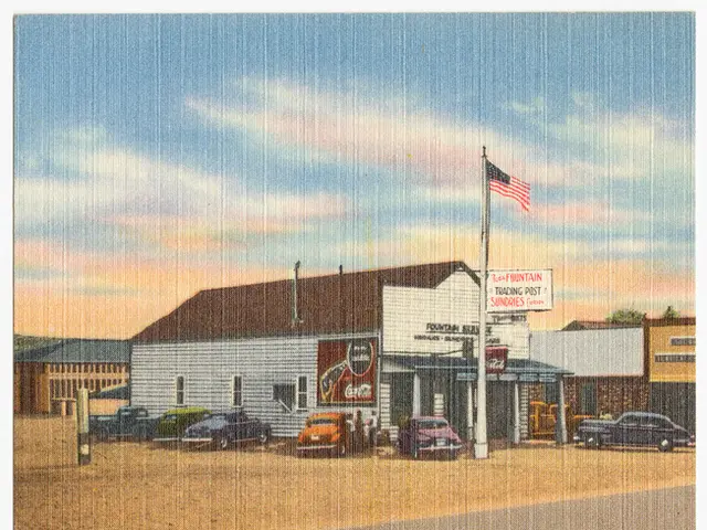 It is a poster. In the poster we can see some vehicles, building, pole, flag, banner and clouds and...