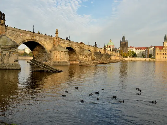 In this image we can see a bridge with some statues, street poles and some people standing on it....