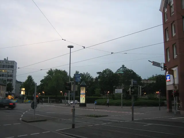 In this picture we can see there are poles with traffic signals and boards. On the path there are...