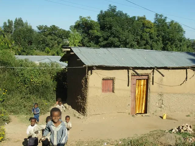 There are children. There is a hut which has a roof, window and a door which has a yellow curtains....