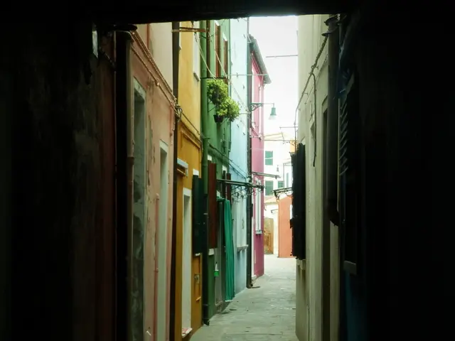 There are buildings on the both side. On the building there are pipes, pot with plants. In the back...