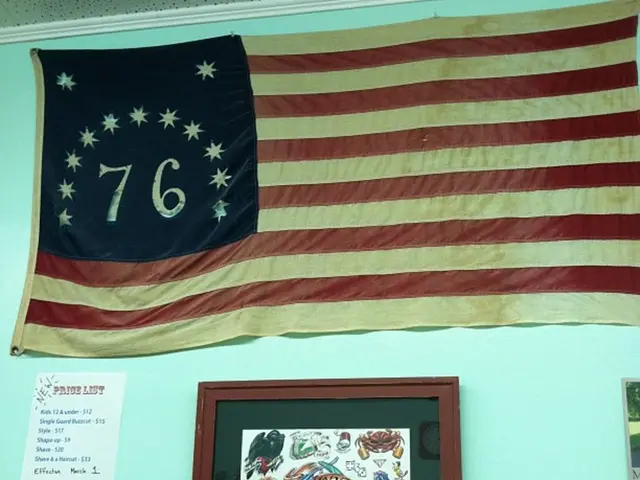 In this picture we can see a flag, poster and a frame on the wall.