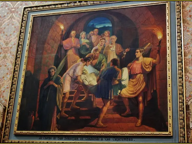 In this image we can see a painting with frame on the wall. In the background of the image there is...