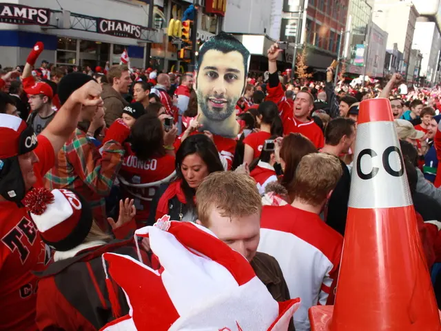 In this image there are groups of people, there are buildings, there is a traffic light, there is a...