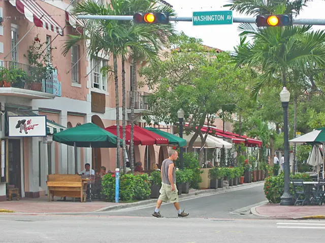 In this image a person is walking on the path. On the both side of the path there are trees, street...