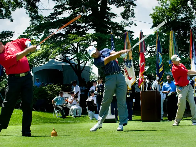 Front these people are holding bats. This land is covered with grass. Background there is a clock...
