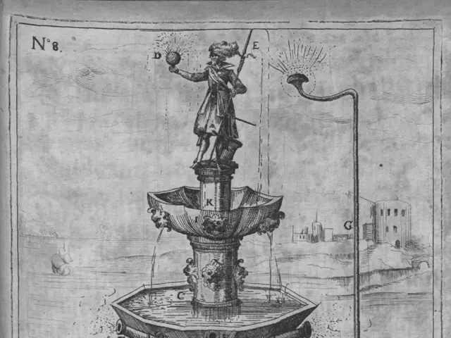 In this image we can see a paper on which we can see the fountain, wheels, water, statue, pole,...