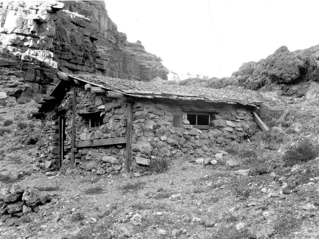 In the foreground of this black and white image, on the bottom, there is land. In the middle, there...