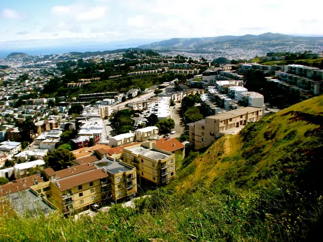 This is a aerial view. In this image we can see roads, vehicles, trees, plants, hills, grass,...