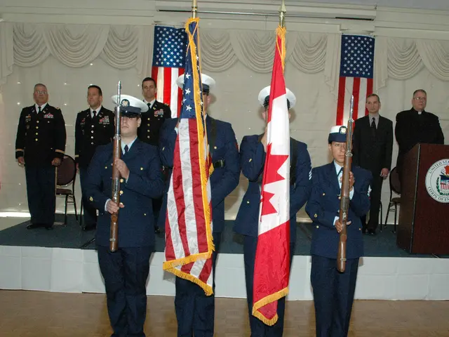 In this image we can see four persons wearing caps and also the suits and standing on the floor and...
