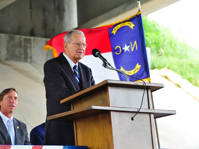 In this picture we observe a guy who is standing in front of mic and talking and we observe a flag...