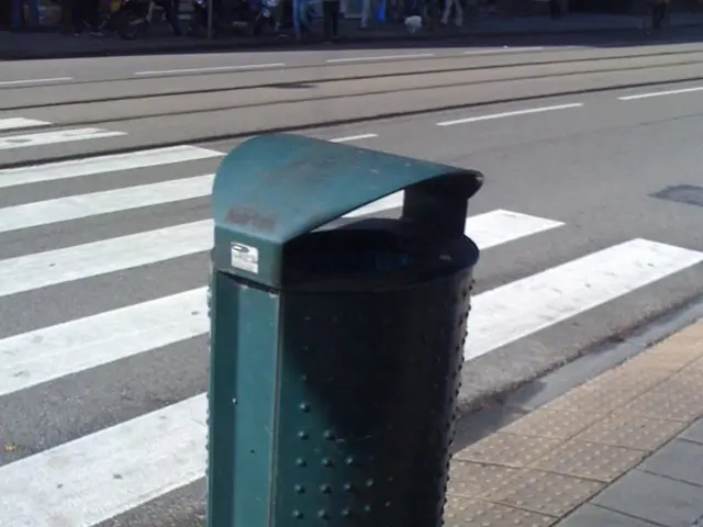 In the middle of this image, there is a dustbin arranged on a footpath. Beside this footpath, there...