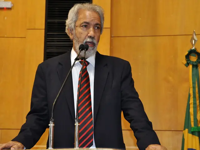 This image consists of a man wearing black suit is standing and talking in a mic. In the...