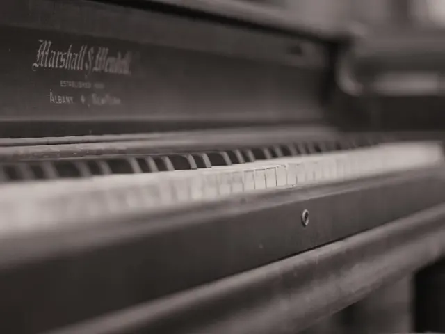 In this there is a piano, on the piano there is some text printed.