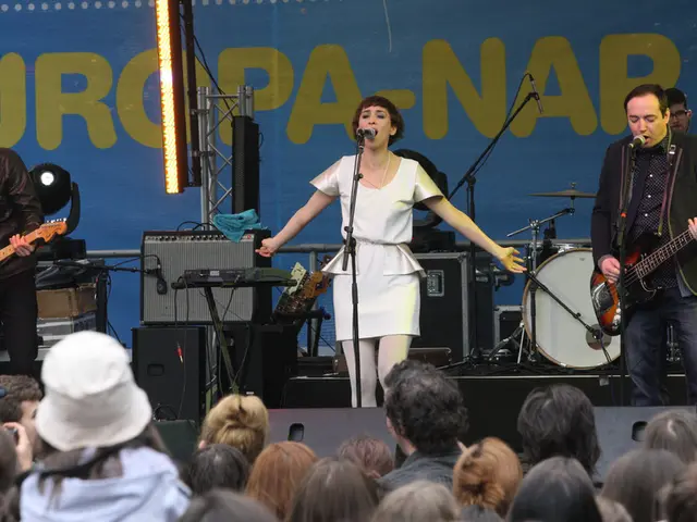 This image is clicked in a concert. There are four people performing music on the dais. In the...