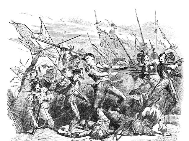 In this image I can see a black and white drawing of people fighting with each other.