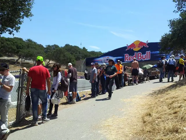 In the image we can see there are people standing near the fencing, there is a banner kept on the...