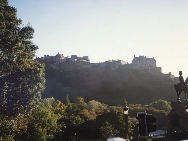 In this image we can see there is a sculpture on the pillar. And there are buildings, trees, street...