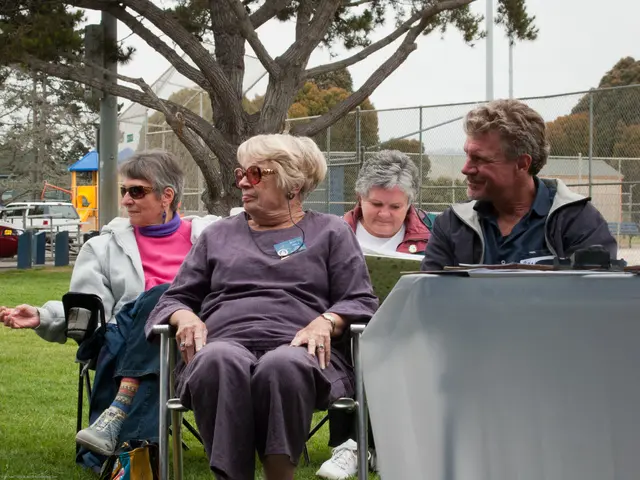 This image consists of four persons sitting in the chairs. At the bottom, there is green grass. In...