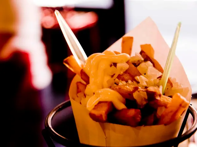 In this image I can see the food in the paper-cone. I can see the metal object around the food. I...