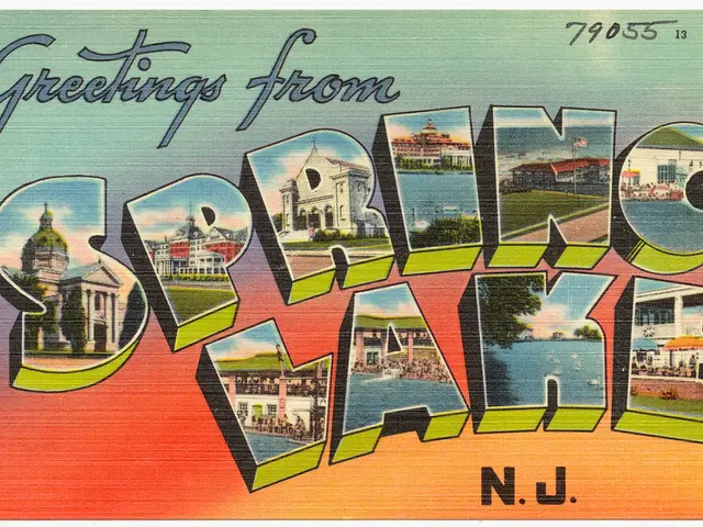 This is a picture. In this image we can see some text, buildings, water, roof, poles, tents, grass,...