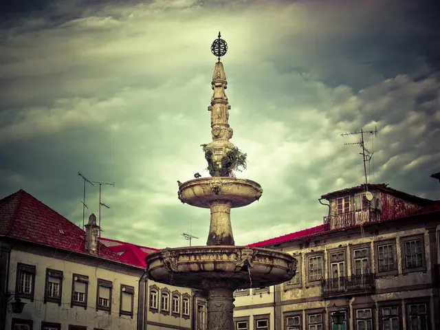 In this image there is a sculpture water fountain, there is a building, and in the background there...