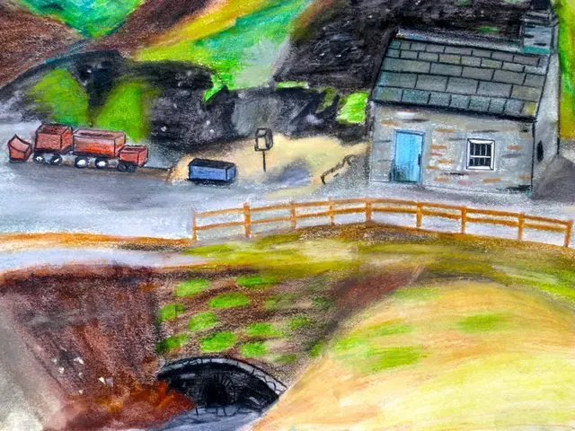 In this image we can see painting of a house, fence, road, vehicles, door, window, pole, and other...