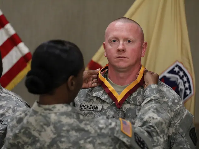 In this picture we can see army & a woman touching the medal of a man standing in front of her. In...