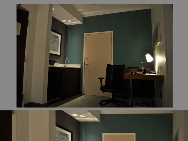 It is a photo collage where the room of the picture is taken in that one chair and one table are...