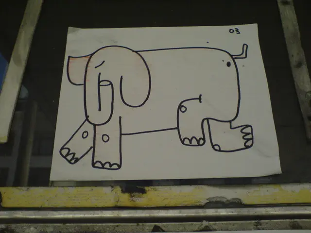 In the picture there is an elephant image drawn on a paper and the paper is kept on a table.
