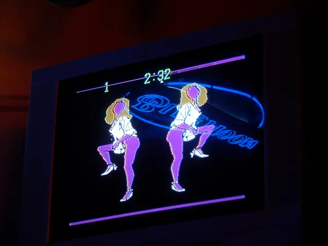 There is a black color screen in which, there are two animated images of women who are dancing....