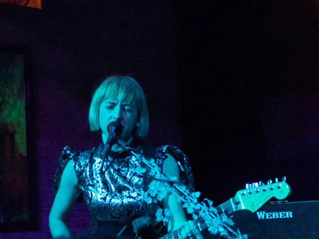 In the middle, a woman is standing and singing a song in front of the mike and playing a guitar....