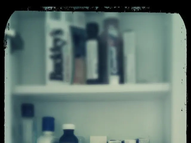 This is an edited image with the borders. In the center we can see a white color cabinet containing...