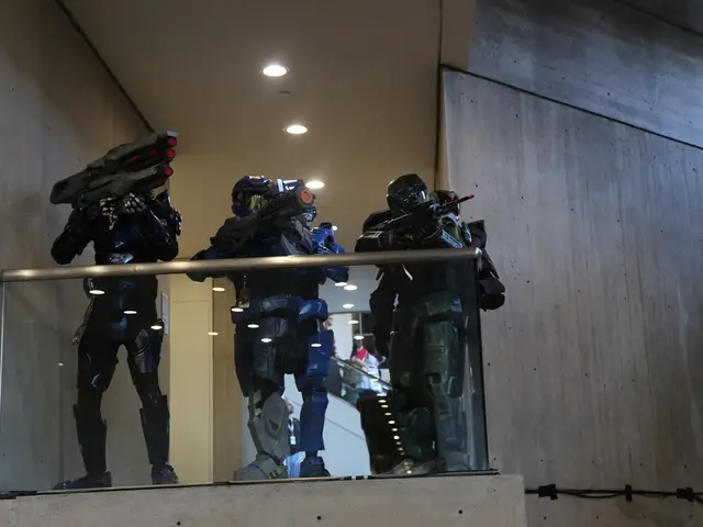 In this image there are three toys holding gun, there is a white roof with lights, to the left of...