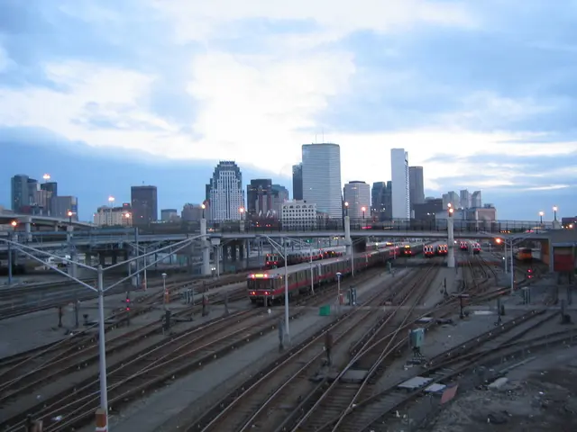 At the bottom of the image there are some tracks. In the middle of the image there are some poles...