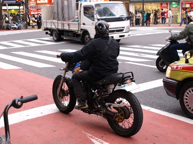 There is a road. On the road there are vehicles. And a person wearing helmet and gloves is on a...