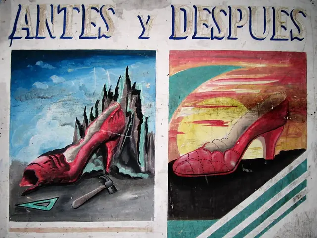 In this image there is a painting of a shoe, hammer and another object, beside that there is...