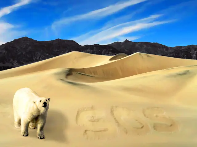 In this picture we can observe a white color polar bear standing in the desert. In the background...