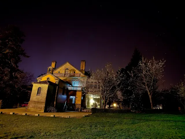 In the image there is a home on the left side with trees around it on the grassland, this is...