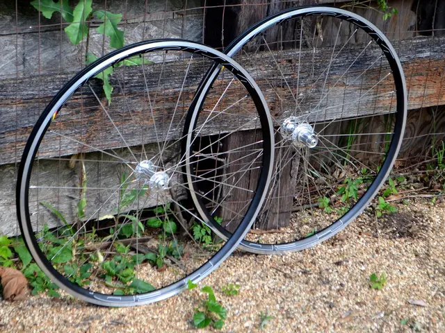 In the image there are two tires in front of wooden fence on the sandy land.