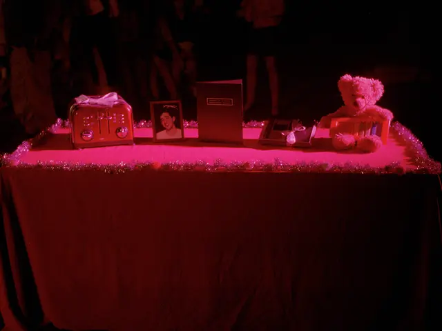 On this table there is a teddy, book, picture and things.