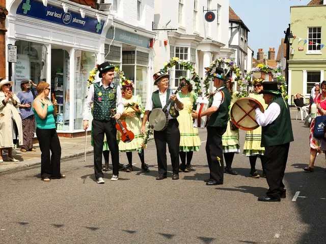 In this image there are a few people playing musical instruments on the streets, around them there...