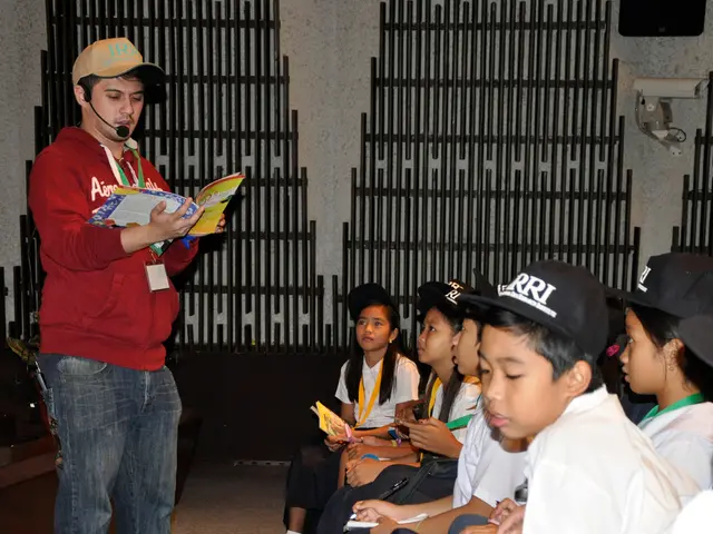 In the image there are few kids on the right side in white t-shirt and black caps, on the left side...