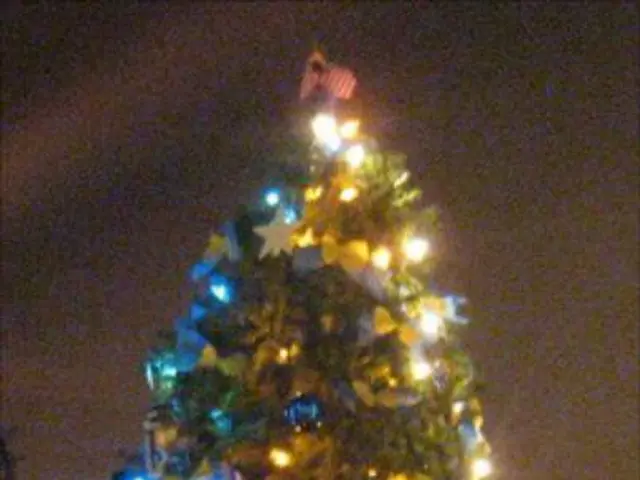 In the image we can see there is a decorated christmas tree and there are statues of people under...