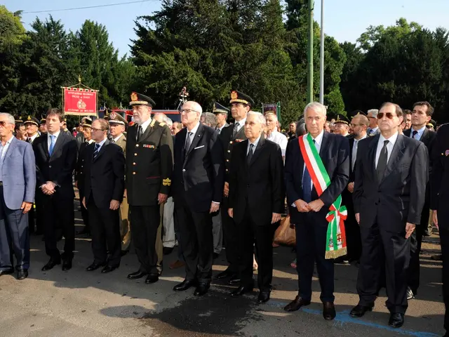 In this picture there are few persons wearing suits are standing and there are two poles and few...