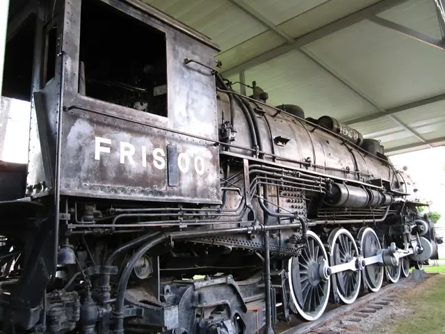 In this image in the center there is a train, and at the bottom there is grass and railway track....