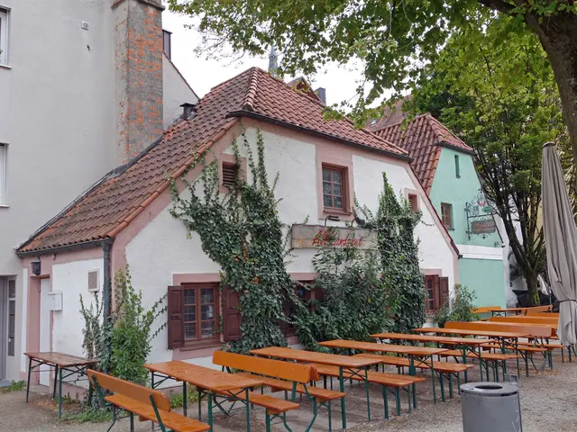 Bottom of the image there are few benches. Top right side of the image there are few trees. In the...